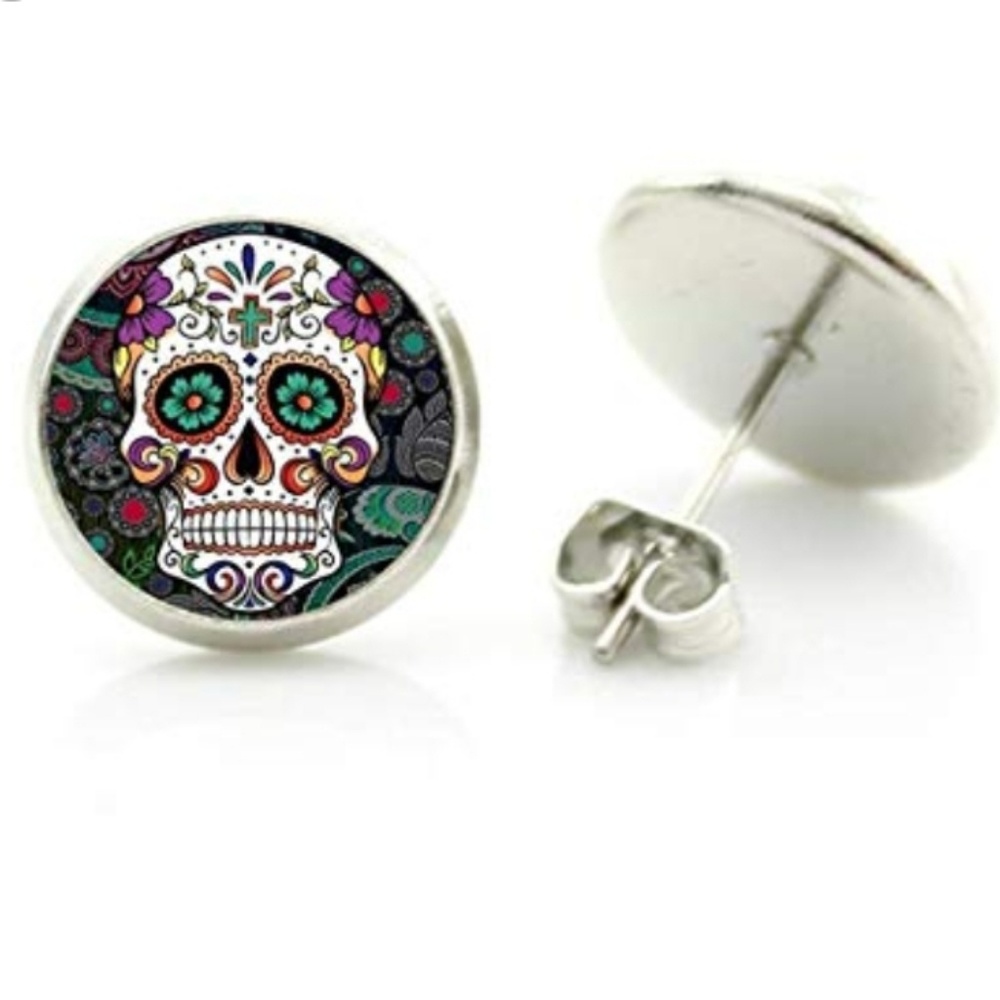 New Day of the Dead Sugar Skull Glass Cabochon Silver Stud Earrings.